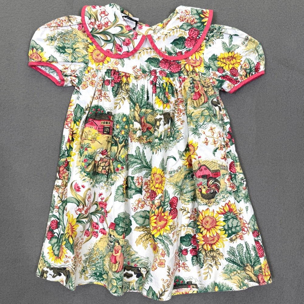 Vintage Jo Lene Dress Youth 5 Multi Farm Animal Sunflower Cottagecore Tea Party
